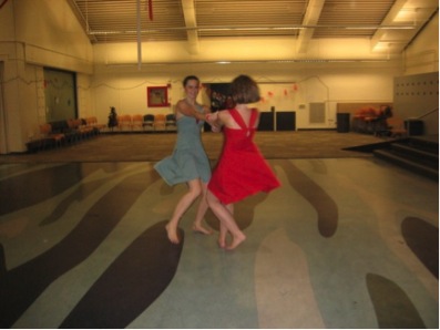 Lily and Heather in the event center at Stevenson College, UCSC, after a long day at work.